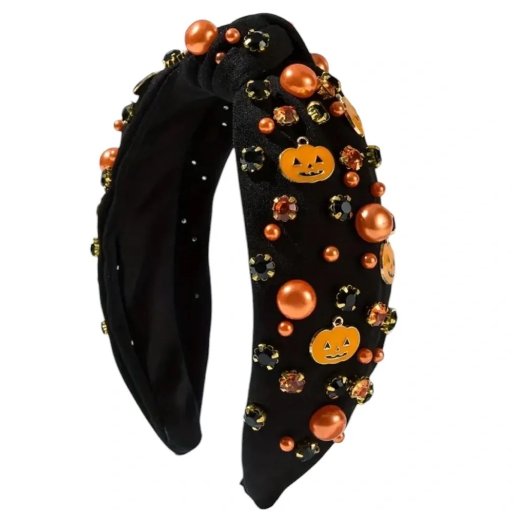 Black Halloween Knotted Faux Pearl and Rhinestone Charm Headband